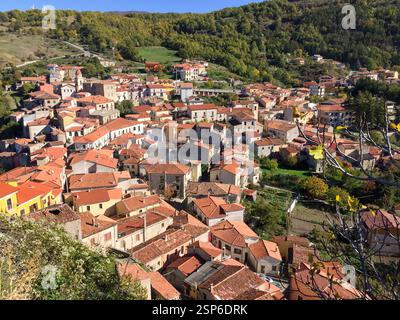 Vue imprenable sur Sasso di Castalda (Italie-Potenza) avec des toits en terre cuite entourés de collines luxuriantes dans le sud de l'Italie Banque D'Images