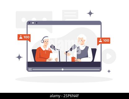 Illustration vectorielle d'un couple âgé diffusant en direct sur un écran de tablette. Un homme et une femme dans un casque parlent dans un microphone, interagissant avec l'esprit Illustration de Vecteur