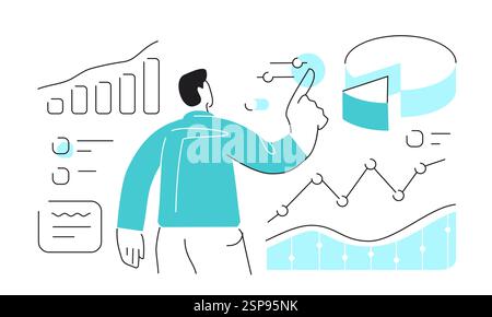 Homme d'affaires recherche l'analyse financière avec Internet. Croissance des revenus, investissement monétaire, augmentation des revenus Illustration de Vecteur
