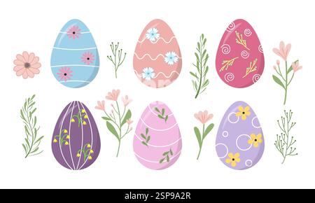 Oeufs de Pâques pastel avec des éléments floraux, illustration de vacances dessinée à la main pour un décor saisonnier Illustration de Vecteur