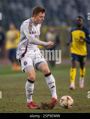 Bruxelles, Belgique. 14 février 2025. Christian Rasmussen de l'Ajax lors des éliminatoires de la phase de Knockout 2024/25 de l'UEFA Europa League entre Royale Union Saint-Gilloise et l'AFC Ajax au stade King Baudouin à Bruxelles, Belgique, le 13 février 2025 (photo by Andrew SURMA/ Credit : Sipa USA/Alamy Live News Banque D'Images