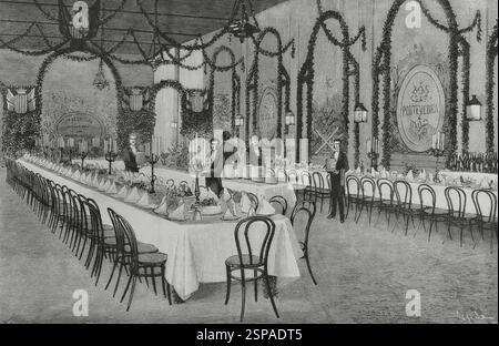 Compañía del Ferrocarril de Medina del Campo a Zamora y de Orense a Vigo (MZOV) (Compagnie de chemin de fer de Medina del Campo à Zamora et d'Orense à Vigo). Compagnie ferroviaire espagnole opérant entre 1862 et 1928. Son directeur général était l'homme d'affaires catalan M. Caterineu. Elle reliait la Galice à la Meseta Central (plateau intérieur). Pontevedra, Galice, Espagne. Inauguration de la ligne de chemin de fer de Redondela à Pontevedra, le 30 juin 1884. Salle pour le banquet officiel que le lendemain, 1er juillet, la députation provinciale a honoré le conseil d'administration de la compagnie de chemin de fer de célébrer Banque D'Images