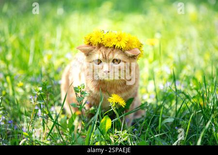 Un petit chaton de gingembre, couronné d'une couronne de fleurs de pissenlit, marche sur une pelouse avec des pissenlits Banque D'Images