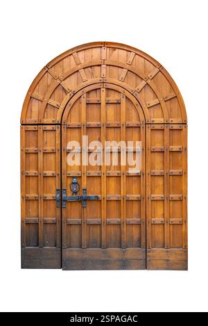 Portes massives en bois avec dessus arqué, renforcées par des planches horizontales et verticales, avec une barre de verrouillage et une poignée, avec une secti d'ouverture plus petite Banque D'Images