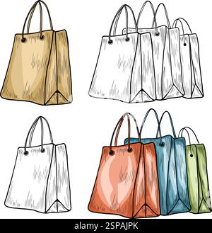 Icône de sacs à provisions avec ligne de trait, icône de sacs en papier, vecteur, silhouette. Conception d'emballage, sac d'épicerie, symbole de la boutique en ligne, sac à main en papier, cadeau Illustration de Vecteur
