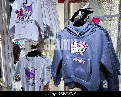Lviv, Ukraine - 13 février 2025 : divers sweats à capuche et T-shirts marchandisés avec des illustrations de personnages colorés adorables Banque D'Images
