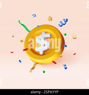 Pièce d'or 3D avec icône de signe dollar dans des confettis Illustration de Vecteur