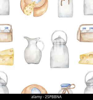 illustration de produits laitiers à l'aquarelle modèle sans couture, papier de répétition de lait et de fromage, scrapbooking Banque D'Images
