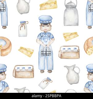 produits laitiers aquarelle et motif sans couture de laitier, papier de répétition de lait et de fromage, scrapbooking Banque D'Images