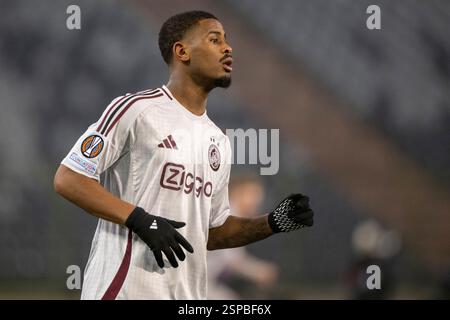 Bruxelles, Belgique. 14 février 2025. Jorrel Hato de l'Ajax lors des éliminatoires de la phase de Knockout de l'UEFA Europa League 2024/25 entre Royale Union Saint-Gilloise et l'AFC Ajax au stade King Baudouin à Bruxelles, Belgique, le 13 février 2025 (photo by Andrew SURMA/ Credit : Sipa USA/Alamy Live News Banque D'Images
