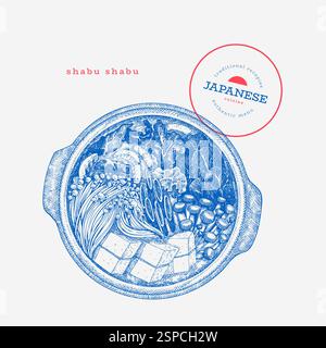 Illustration de cuisine japonaise shabu Shabu. Soupe de pot chaud illustrations vectorielles dessinées à la main. Image isolée de nourriture asiatique rétro. Illustration de Vecteur