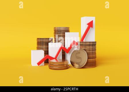 Graphique à barres d'affaires blanc et une flèche rouge vers le haut entourée de piles de pièces dorées sur fond jaune. Concept de revenus de vente et prix des actions Banque D'Images