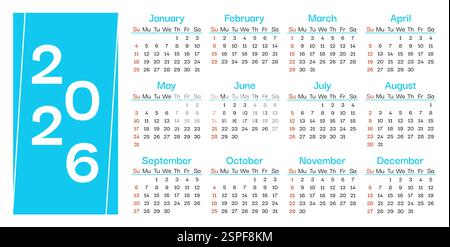 Modèle calendrier 2026. La semaine commence le dimanche. Calendrier mensuel mural 2026 dans un style minimaliste. Calendrier de bureau de planificateur de conception d'entreprise, organisateur de bureau. Modèle d'élégance d'impression. Illustration vectorielle Illustration de Vecteur
