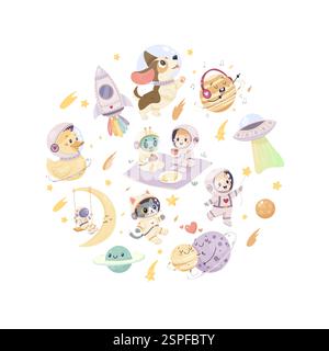 Un ensemble d'illustrations d'espace mignonnes. Astronautes, fusée, chat et chien mignon, canard, planètes. Impression, sublimation Illustration de Vecteur