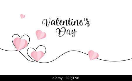 Bordure de forme de coeur de ligne continue avec coeur de papier réaliste sur fond blanc pour les valentines, les femmes, la conception graphique d'invitation de salutation de fête de mère Illustration de Vecteur