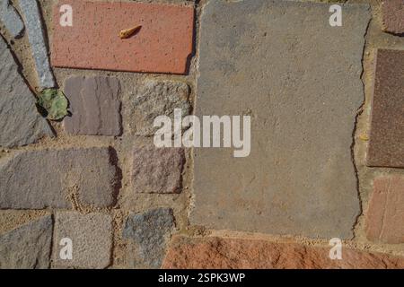 Vue rapprochée d'un trottoir en pierre et briques. Des pierres de forme irrégulière de différentes couleurs (gris, rose, brun) sont serties dans du sable avec un rectangle plus grand Banque D'Images