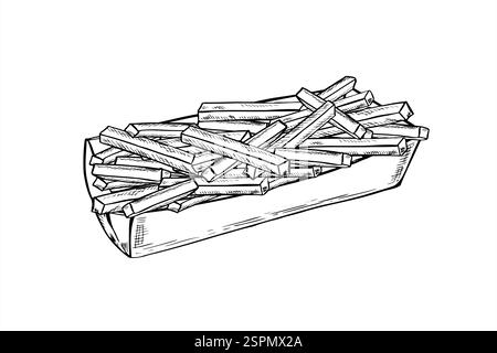 Frites en bio illustration vectorielle de conteneur en carton à emporter peinte par des encres noires dans un style linéaire. Bâtonnets de pommes de terre monochromes dessinés à la main Illustration de Vecteur