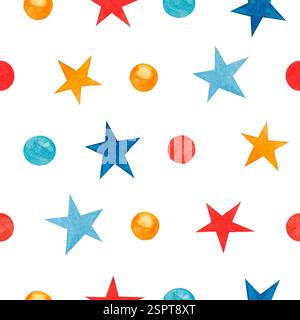 Illustration étoiles et cercles une aquarelle multicolore sans couture dessinée à la main motif sans couture sur un fond blanc. Utilisé pour le tissu, textile, doux dre Banque D'Images