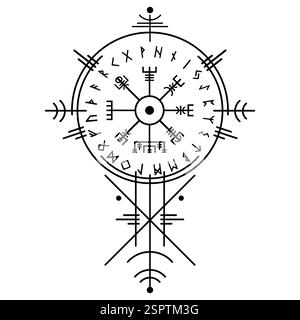 La boussole magique Vegvisir, ancien alphabet runique viking, utilisait de nombreux symboles conformément à la mythologie nordique, largement utilisée dans la société viking Illustration de Vecteur