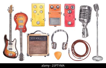 Set de guitare, amplificateur de guitare basse, microphone, écouteurs et pick. Aquarelle illustration dessinée à la main sur le thème de la musique. Clipart pour la conception o Banque D'Images