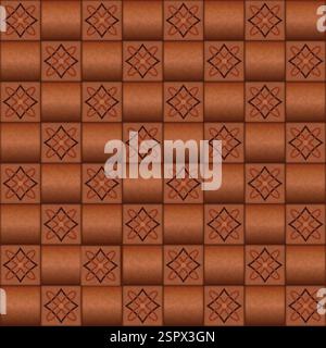 Plancher de carrelage marron et orange en carreaux carrés avec des fleurs minimalistes, motif sans couture Illustration de Vecteur