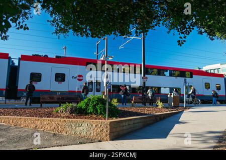 Train électrique Caltrain à la gare du centre-ville de Sunnyvale avec des navetteurs en attente d'embarquement. - Sunnyvale, Californie, États-Unis - 23 janvier 2025 Banque D'Images