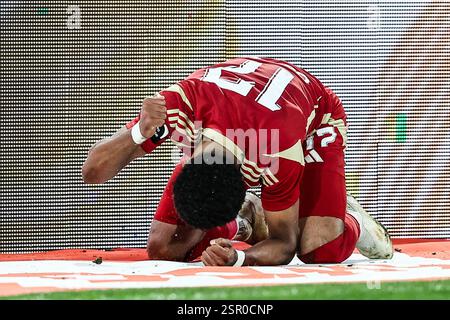 Liège, Belgique. 14 février 2025. Ilay Camara de Standard réagit lors d'un match de football entre Standard de Liège et KRC Genk, vendredi 14 février 2025 à Liège, au jour 26 de la saison 2024-2025 de la première division du championnat belge 'Jupiler Pro League'. BELGA PHOTO BRUNO FAHY crédit : Belga News Agency/Alamy Live News Banque D'Images