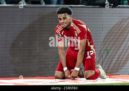 Liège, Belgique. 14 février 2025. Ilay Camara de Standard réagit lors d'un match de football entre Standard de Liège et KRC Genk, vendredi 14 février 2025 à Liège, au jour 26 de la saison 2024-2025 de la première division du championnat belge 'Jupiler Pro League'. BELGA PHOTO BRUNO FAHY crédit : Belga News Agency/Alamy Live News Banque D'Images