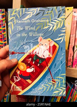 Lviv, Ukraine - 13 février 2025 : couverture du livre Kenneth Grahame dessinée à la main du vent dans les saules avec deux personnages dans un bateau Banque D'Images
