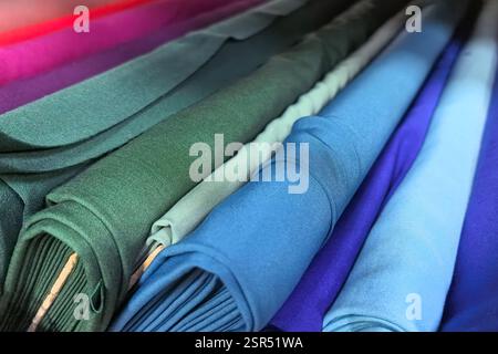 Les couleurs se mélangent harmonieusement tandis que les rouleaux de tissu sont soigneusement disposés, mettant en valeur un spectre de bleus et de verts. Les tailleurs et les designers peuvent trouver l'inspiration Banque D'Images