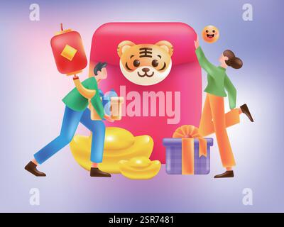 Illustrations festives et créatives de personnages de scène pour l'année du Tigre Illustration de Vecteur