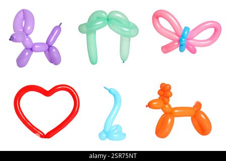 Différentes figures faites de ballons de modélisation sur fond blanc, ensemble Banque D'Images