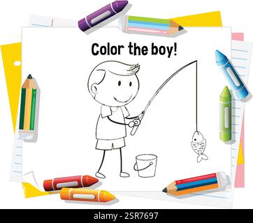 Un garçon pêchant avec des crayons autour de la page Illustration de Vecteur