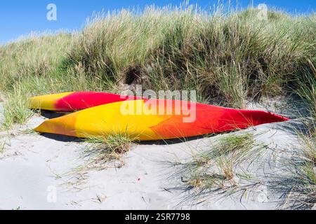 Laesoe, Danemark : deux canoës colorés gisant dans les dunes de la plage de Vesteroe Havn Banque D'Images