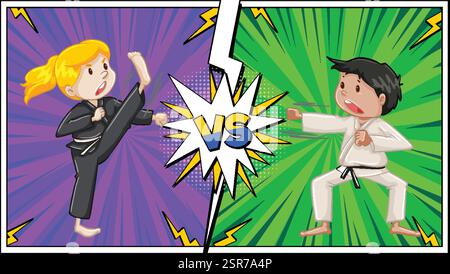 Deux enfants s'affrontent dans la bataille d'arts martiaux Illustration de Vecteur