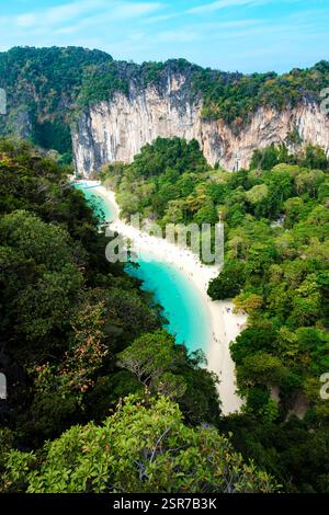 Une végétation luxuriante encadre les eaux turquoises époustouflantes de Koh Hong Island Thaïlande, invitant les voyageurs à se détendre sur sa plage de sable immaculée. Ce paradis tropical émane tranquillité et beauté naturelle. Banque D'Images