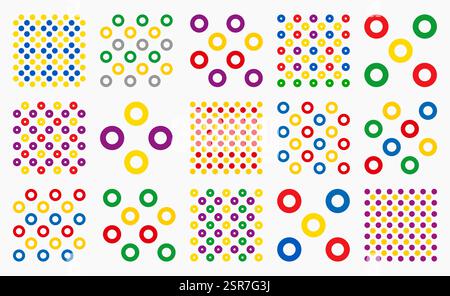 Ensemble amusant et ludique de motifs vectoriels sans couture avec des anneaux colorés dans différents styles de grille. Parfait pour les créations d'enfants, les arrière-plans joyeux, le textile Illustration de Vecteur