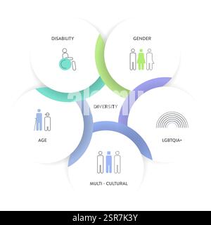 Diversité (DEI) cadre stratégique modèle de présentation de diagramme infographique avec vecteur d'icône a handicap, sexe, lgbtqia, multiculturel, âge. D Illustration de Vecteur