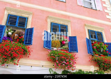 Vieilles fenêtres méditerranéennes avec de nombreuses fleurs dans une façade de maison Banque D'Images