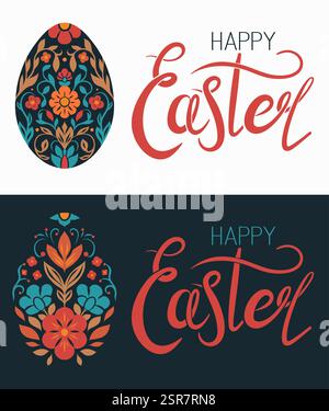 Joyeuses Pâques. Ensemble vectoriel de cartes horizontales avec des oeufs ornementaux de Pâques et lettrage sur fond blanc et noir. Collection de cartes avec devis Illustration de Vecteur