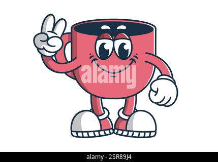Illustration mascotte de personnage d'une tasse à café avec les mains formant un symbole de paix sur fond blanc isolé Illustration de Vecteur