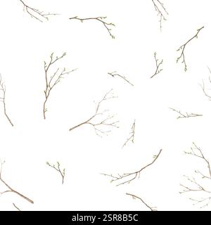 Branches d'arbre avec bourgeons verts. Illustration numérique aquarelle. Jeunes branches d'arbre isolées sur fond blanc. Modèle sans couture, pour postcar Banque D'Images