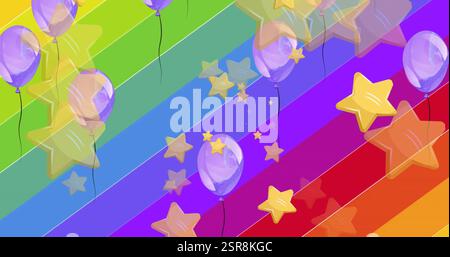 Image d'étoiles flottantes et de ballons au-dessus du texte de fierté sur fond arc-en-ciel Banque D'Images