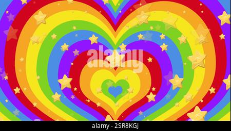 Image d'étoiles flottantes et de ballons au-dessus du texte de fierté sur fond en forme de coeur arc-en-ciel Banque D'Images