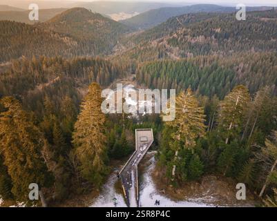 Vue panoramique depuis la passerelle en bois sur les collines et les forêts enneigées, plate-forme d'observation Ellbachseeblick, Baiersbronn, Forêt Noire, Allemagne, euro Banque D'Images