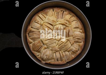 Tarte aux pommes fraîchement cuite dans le moule à pâtisserie sur fond noir, Bavière, Allemagne, Europe Banque D'Images