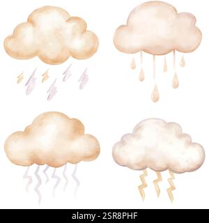 Une illustration d'aquarelle dessinée à la main de nuage avec éclair aquarelle dessinée à la main qui a été tracée par image et vectorisée. L'illustration est perfec Illustration de Vecteur