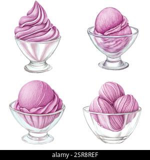 Une illustration d'aquarelle dessinée à la main d'un ensemble de bol de crème glacée à l'aquarelle dessinée à la main qui a été tracée par image et vectorisée. L'illustration est parfaite pour Illustration de Vecteur