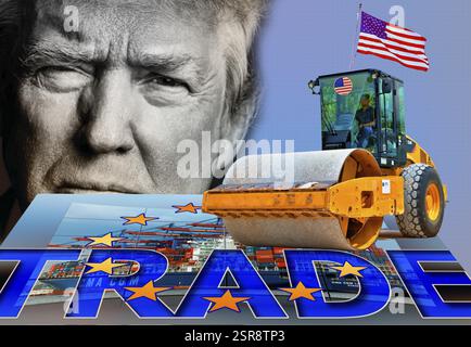 Image symbolique, UE, Allemagne et économie mondiale sous le rouleau à vapeur américain, Donald Trump, menaces tarifaires, Elon Musk, Mark Zuckerberg, réseaux sociaux, fa Banque D'Images