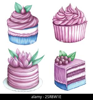 Une illustration d'aquarelle dessinée à la main d'un ensemble de gâteaux d'aquarelle dessiné à la main qui a été tracé par image et vectorisé. L'illustration est parfaite pour n'importe quel design Illustration de Vecteur